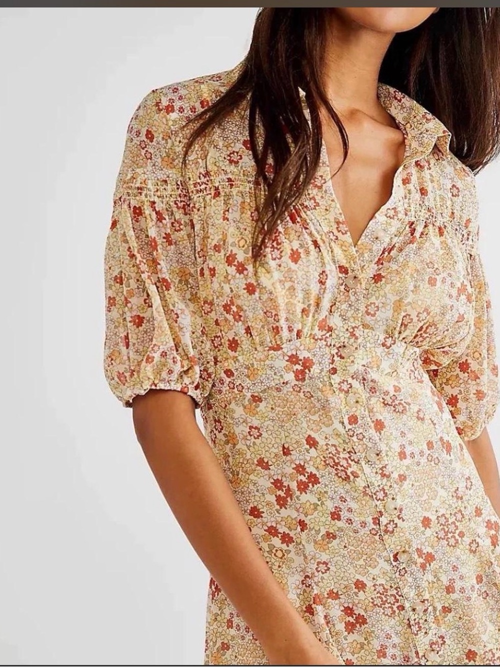 Free People Floral Button-Front Midi Dress in Cream and Orange